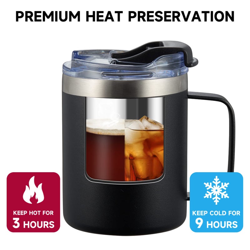 ALOUFEA 12oz Stainless Steel Insulated Coffee Mug with Handle, Double Wall Vacuum Tumbler Cup with Fliping Lid, Black, 2 Pack - Image 3